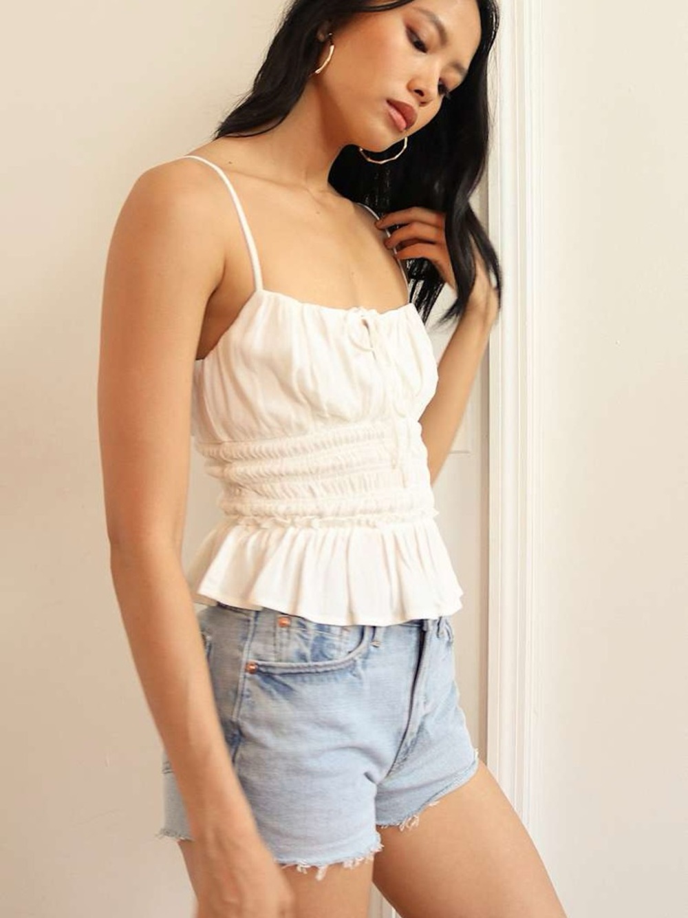ASTR The Label Fiona White Smocked Ruffled Cami Top, Size Large - Picture 4 of 12